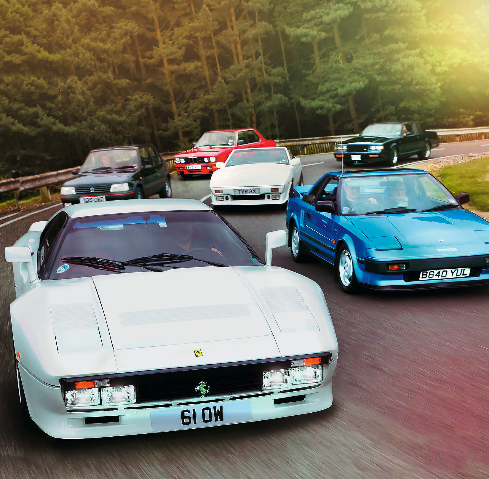 Giant Test - Ferrari 288 GTO, Toyota MR2, Peugeot 205 GTi, TVR 390SE, BMW M535i E28 and Buick Grand National Turbo