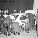Below: The new VW 411 created quite a stir when it was launched, but its styling left people cold. Most interest centred around the engine, as suggested by this press launch photo!