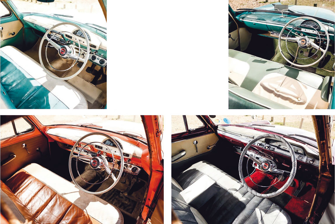 Stylish and capacious duo-tone interiors of the (clockwise, from left) Zodiac, Zephyr Convertible, Consul and Farnham estate are pure ’50s Americana, albeit on a rather smaller scale. 