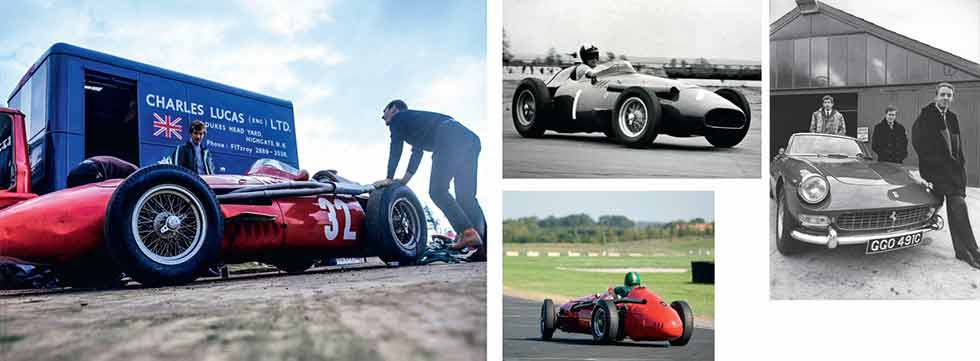 Clockwise, from above: ’60s fashion shoot with Ferrari 275GTS and Boley Pittard to Lucas’ right, and Courage to the fore; Maserati with the team transporter; enjoying the 250F in period and on its ‘birthday’ at Croft in 2007