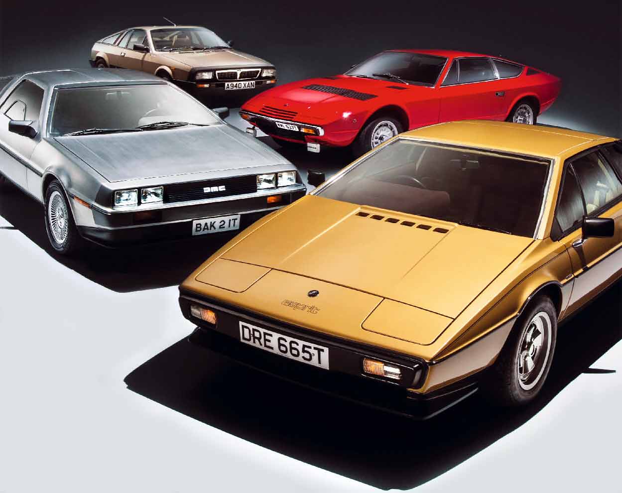 DeLorean DMC-12, Lancia Montecarlo, Maserati Khamsin and Lotus Esprit