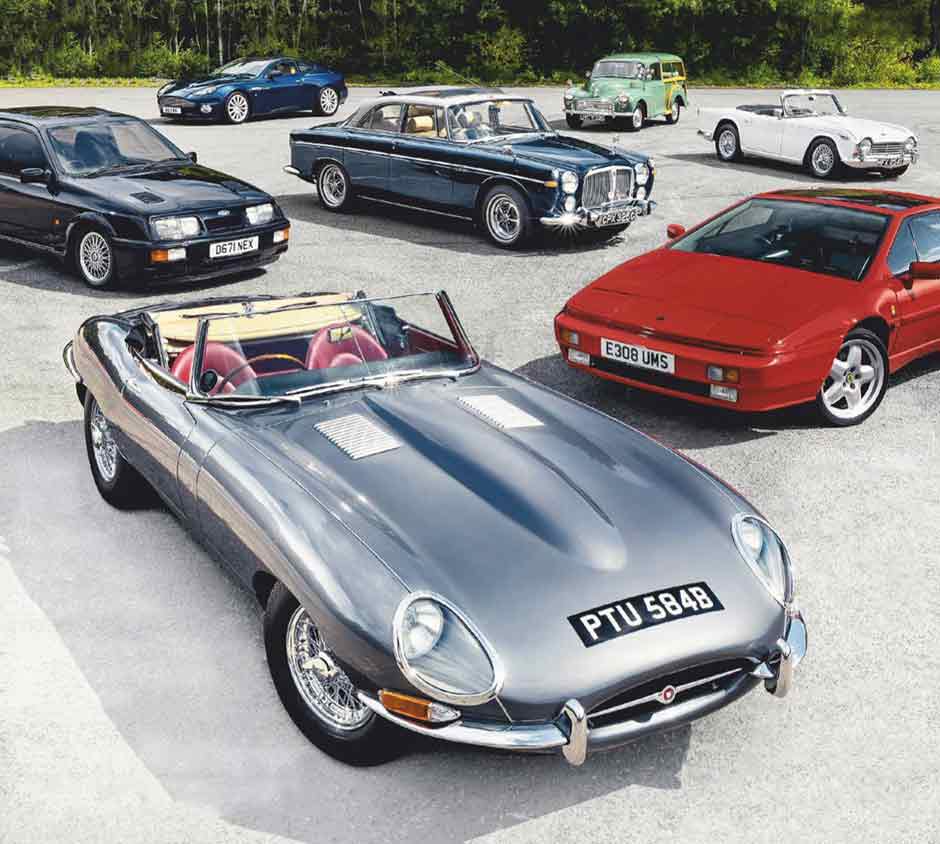 1964 Jaguar E-type S1 3.8 Roadster vs. 1967 Triumph TR4A, 1969 Morris Minor Traveller, 1987 Ford Sierra RS Cosworth, 1968 Rover P5B Coupé, 1988 Lotus Esprit Turbo and 2003 Aston Martin Vanquish